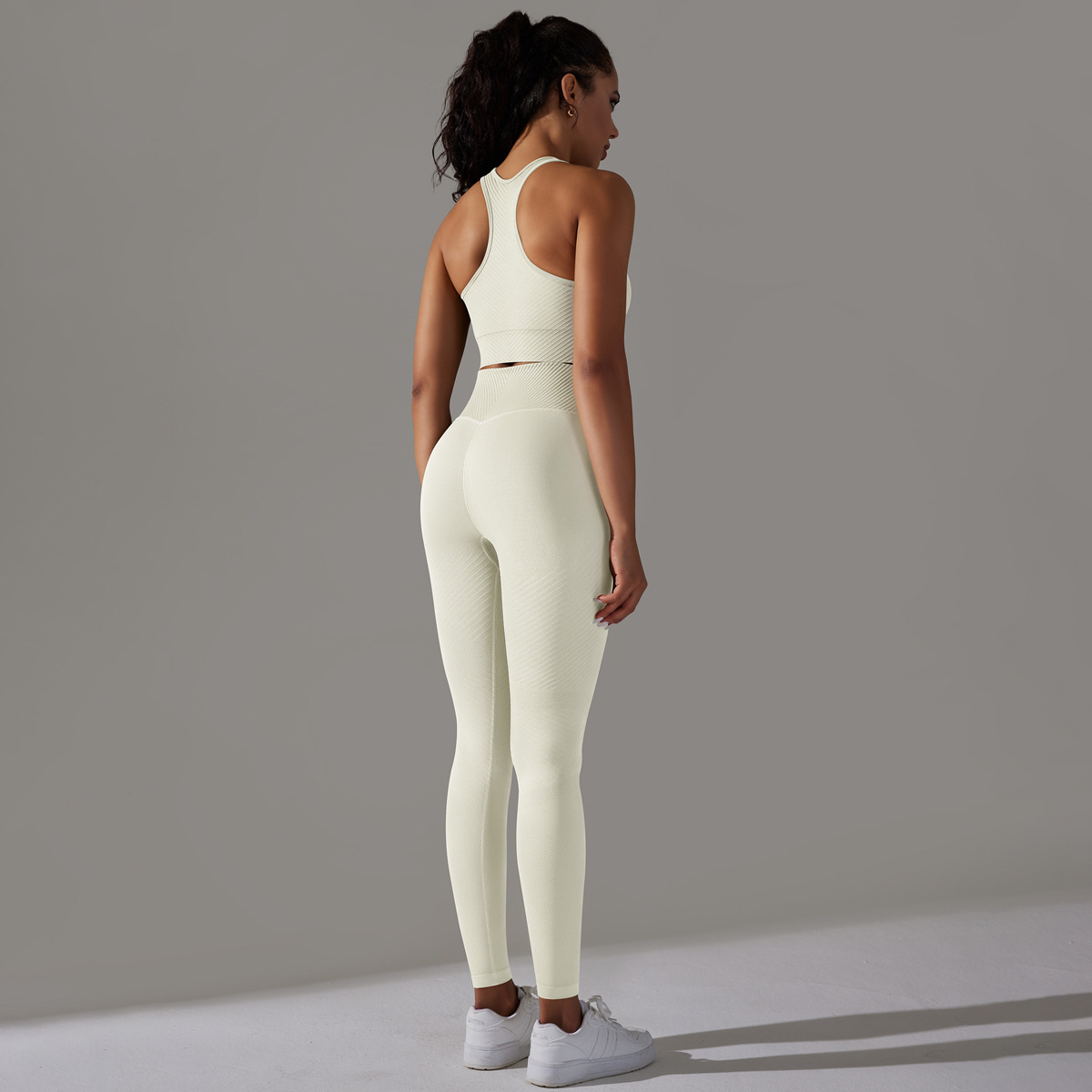Women's Clothing solid color striped breathable high elastic yoga clothing set sports fitness vest trousers two-piece set_voghion.com