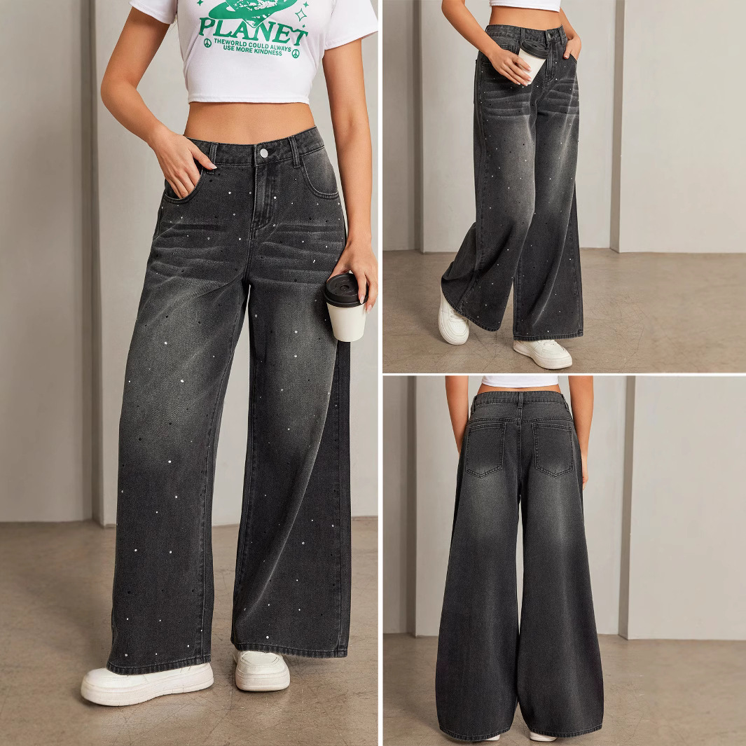 Calça jeans feminina casual de perna reta, confortável e folgada, com strass, estilo europeu-americano, moderna, brilhante e versátil._voghion.com