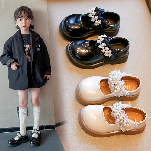 2024 Spring and Autumn New Korean Style Girls British Style Leather Shoes Children's Pearl Princess Shoes Little Girls Fashion Performance Shoes