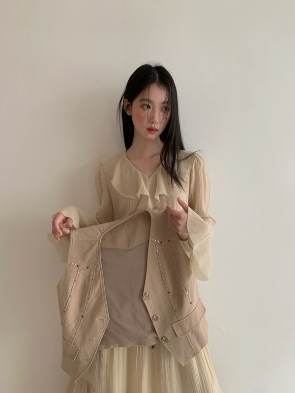 诠释美 NEWOPEN 25秋老钱风简约叠穿无袖纯棉v领马甲女短款F6209|undefined