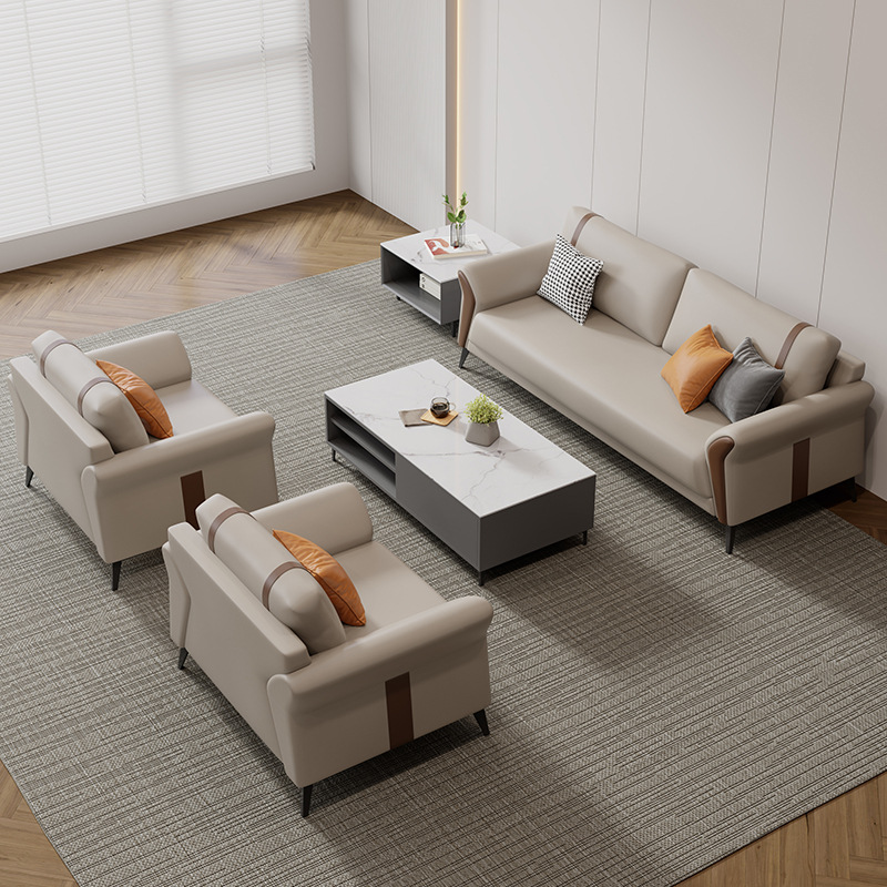 Sofá de oficina de lujo ligero, cuero, área de salón de negocios moderna, sala de recepción VIP, combinación de mesa de centro de sofá de jefe