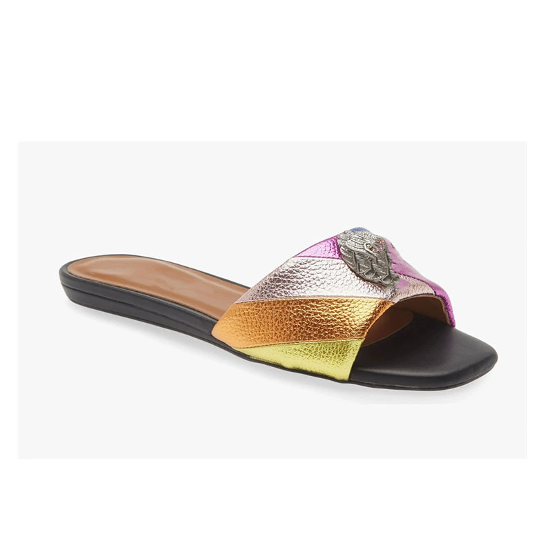 2024 Внешняя торговля новый многослойный круглый рыбий рот задний пустой орел металлический полосатый узор плоскоподошвенный тапки женская обувь