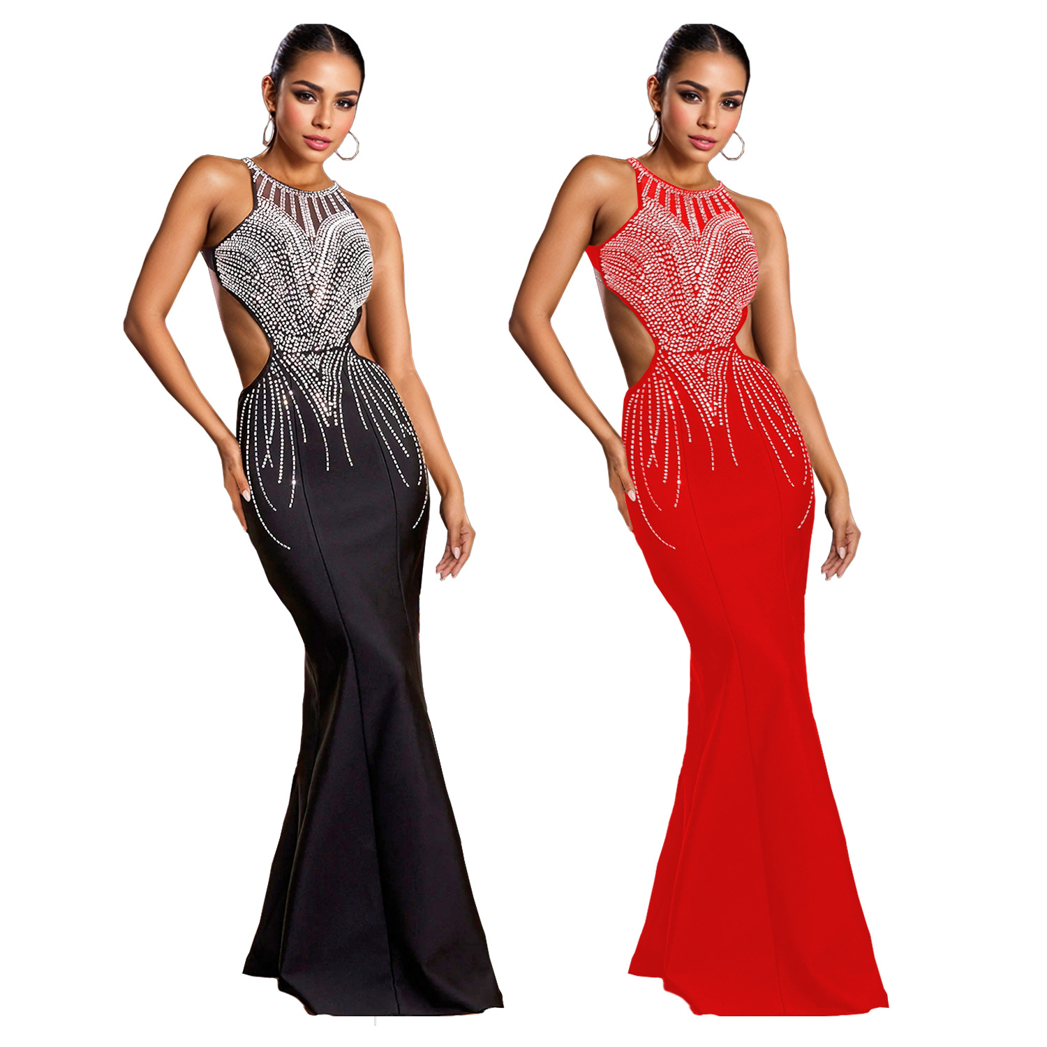 C7122 Aliexpress transfronterizo Amazon Europa y América moda femenina delgada cola de pescado vestido de diamante caliente vestido de espalda descubierta image 6