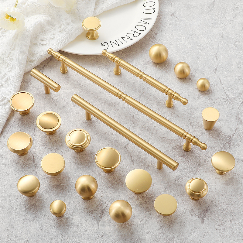 北歐簡約實心黃銅拉手五金抽屜衣櫥櫃門把手單孔新中式金色拉手