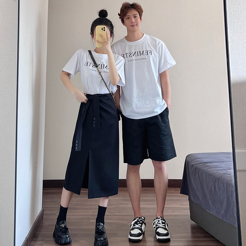 커플 원피스 여름 원피스 2023 새로운 간단한 플러스 사이즈 편지 반팔 티셔츠 당신의 원피스 내 원피스 하나 원피스 원피스 세트