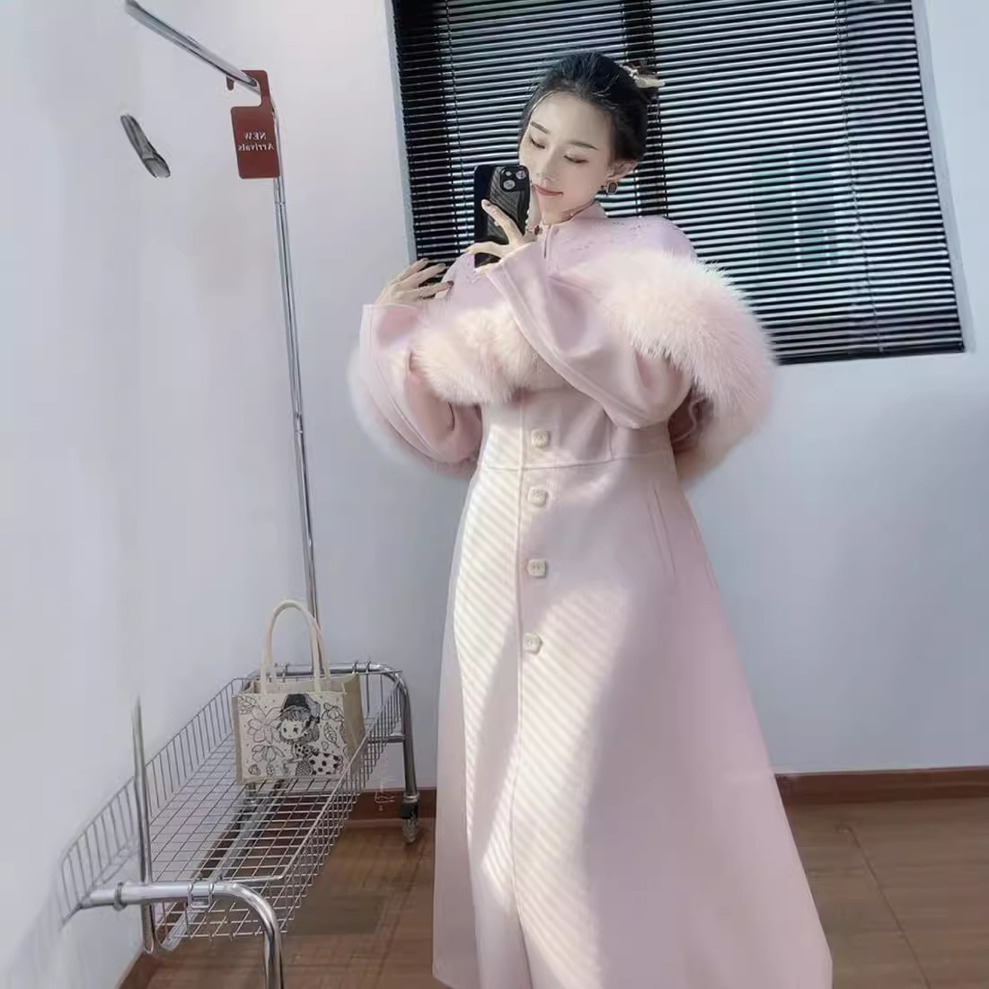 프랑스 딸 향기로운 스타일 폭스 모피 목도리 양면 양면 양모 코트 여성의 긴 우아한 연예인 코트