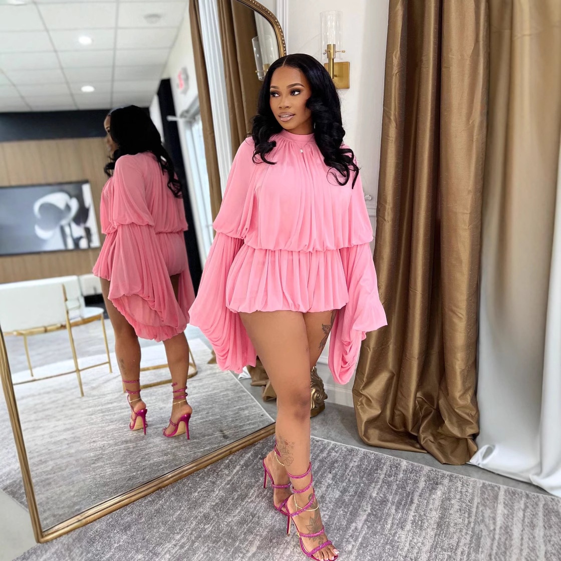 Y5273 European and American Fashion Pure Color Casual Style Round Neck Lantern Sleeve Loose Waist Jumpsuit