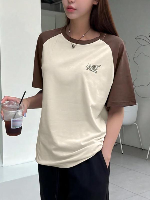 2025 Amazon temu Xiyin 人気の女性の夏の Tシャツ夏ショートカラーブロックラウンドネック半袖 Tシャツ女性|undefined