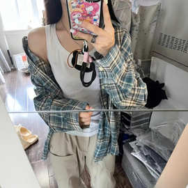 潮牌美式复古设计格纹衬衫男女情侣宽松休闲风长袖外套衬衣上衣服