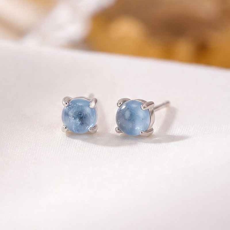 Bông tai nữ bạc S925 đính đá aquamarine hình tròn phong cách tối giản — Một đôi
