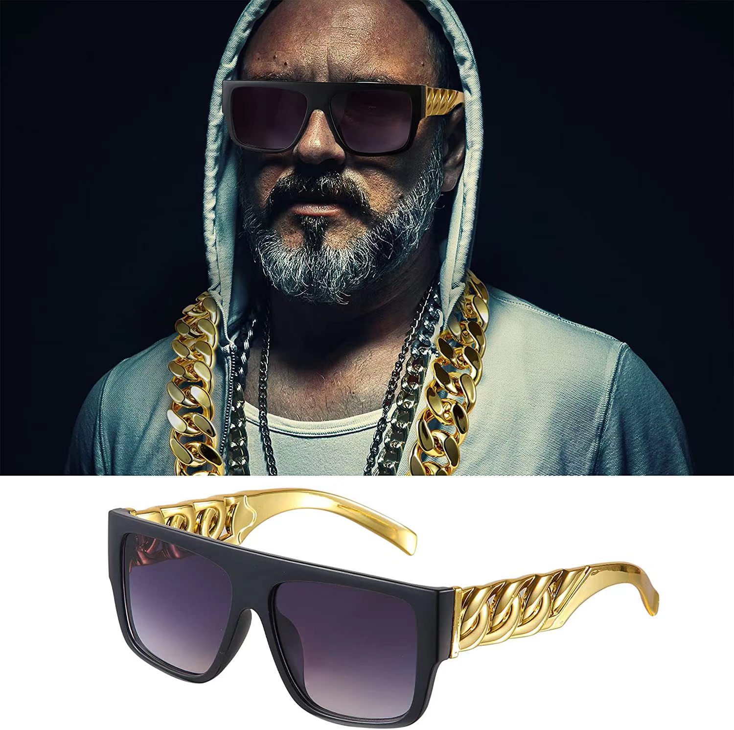 Óculos de sol punk na moda com grandes correntes douradas_voghion.com