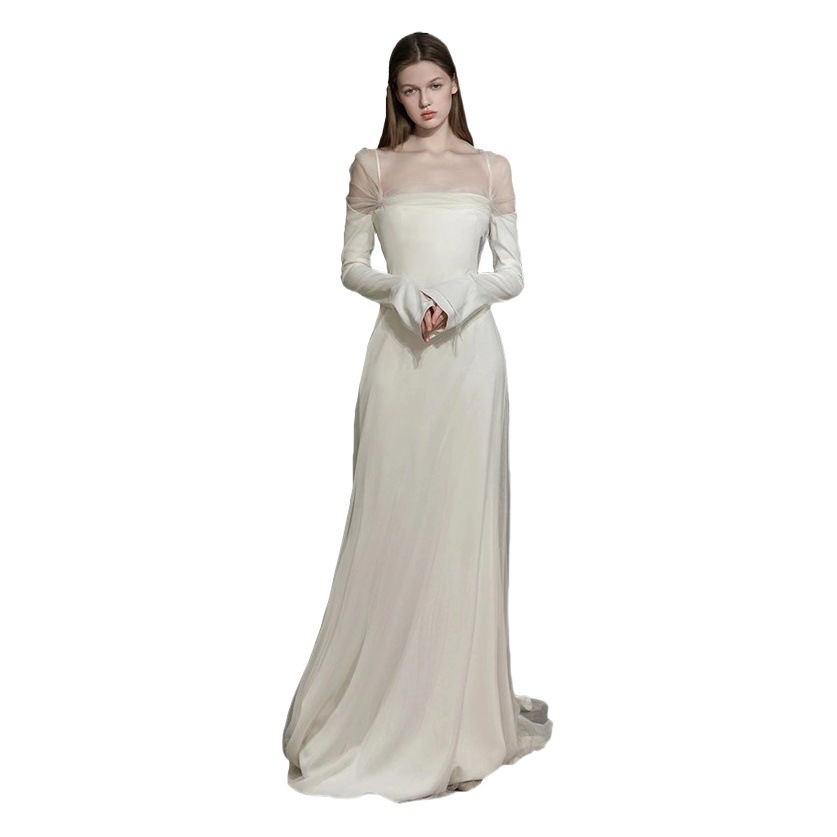 Vestido de novia ligero estilo Hepburn francés, nuevo modelo de verano, vestido de noche de satén sencillo con corte sirena y manga larga.