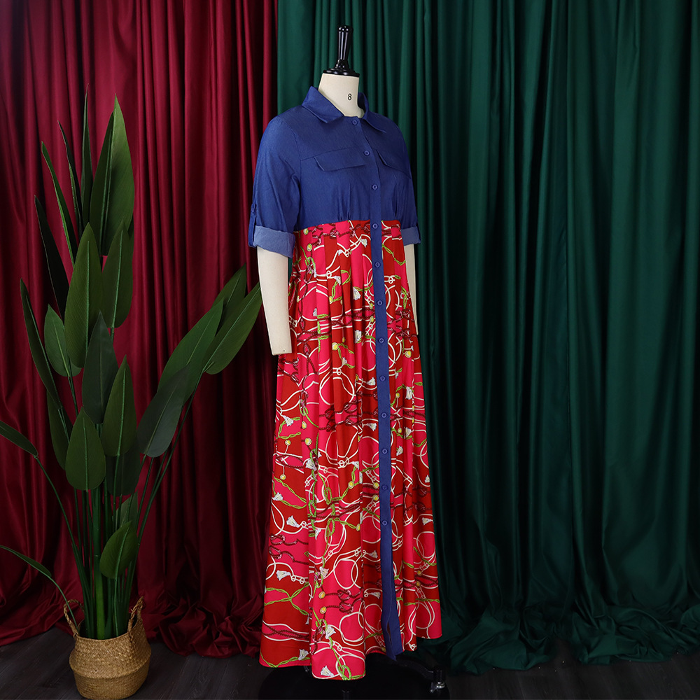 Abito da sera lungo da donna con stampa e dettagli in denim_voghion.com