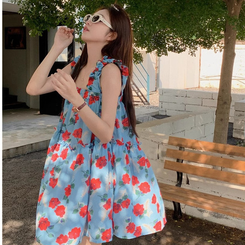 Retro black fungus edge floral print sundress with spaghetti straps, women's summer loose and slimming beach vacation style sweet short dress