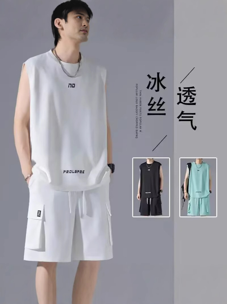 Camisas y menos ropa, trajes de ropa deportiva, camisetas sin mangas de verano para hombres, jerseys de baloncesto, pantalones cortos casuales de moda coreana, traje de dos piezas