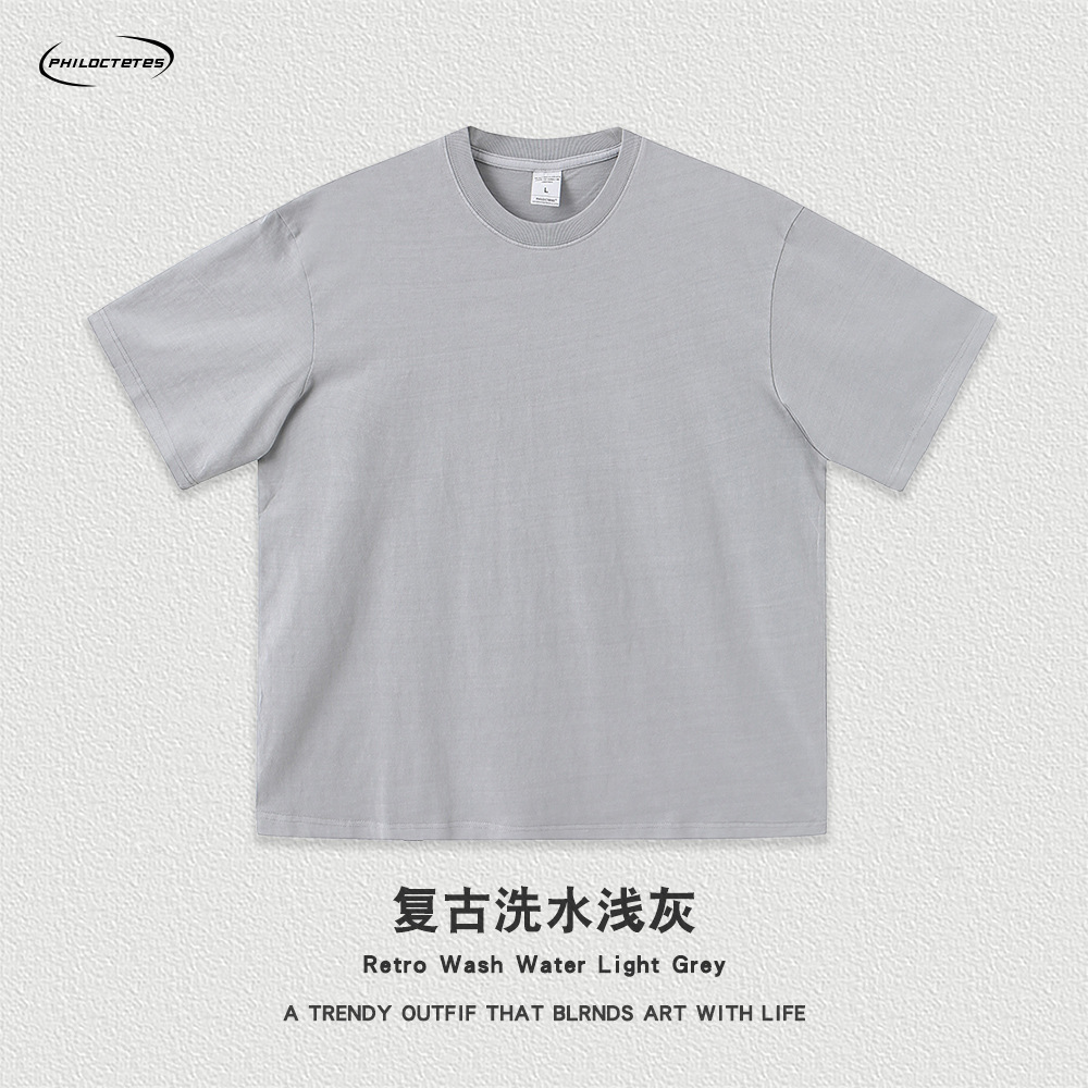 Comercio exterior pesado 260g flor frita apenado color sólido de manga corta Camiseta hombres y mujeres sueltos lavados camiseta de marca de moda estadounidense transfronteriza