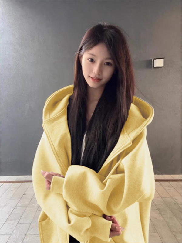 美式奶黄色连帽卫衣外套女早秋2025新款宽松bf慵懒风正肩休闲上衣|undefined