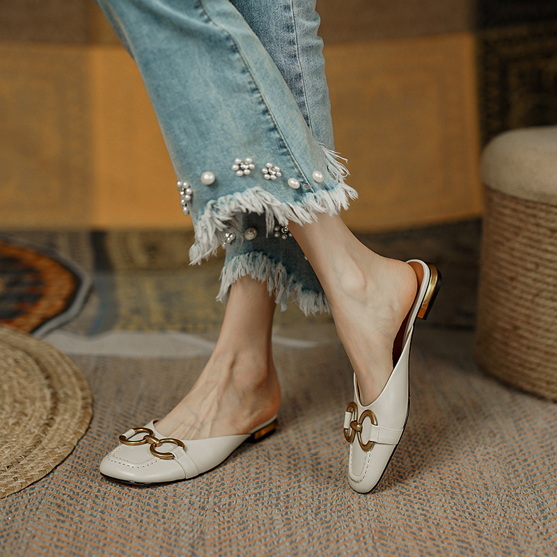 Original francés retro ~ caballo hebilla Muller zapatillas de verano de las mujeres desgaste exterior de los niños punta cerrada tacón bajo medio zapatillas