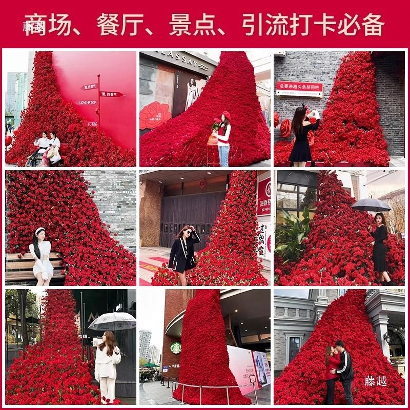 Topa de veludo rosa cascada flor falsa diseño de fondo pared red perforación roja decoración de rosa pared de cártamo del centro comercial