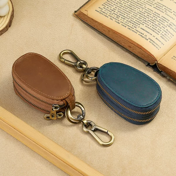 Transparent Window Crazy Horse Leather Key Bag Double-Layer Zipper European and American Retro Car Key Bag Bronze Key Chain Waist Hanging