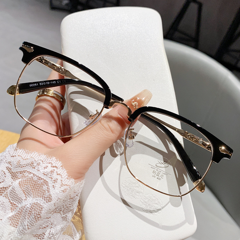 New Transparent Anti-Blue Light Student Half-Frame Open-Ball Optical Frame Male Xiaohongshu Retro Glasses Wholesale 00251