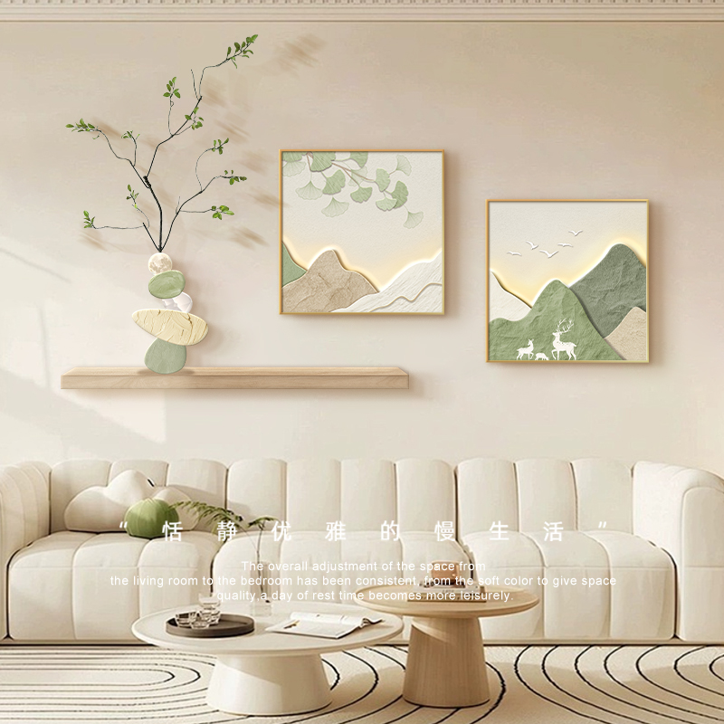 Cream-Style Sofa with Backrest, Background Wall Hanging Painting, New Living Room Decorative Painting, Dining Room Mural