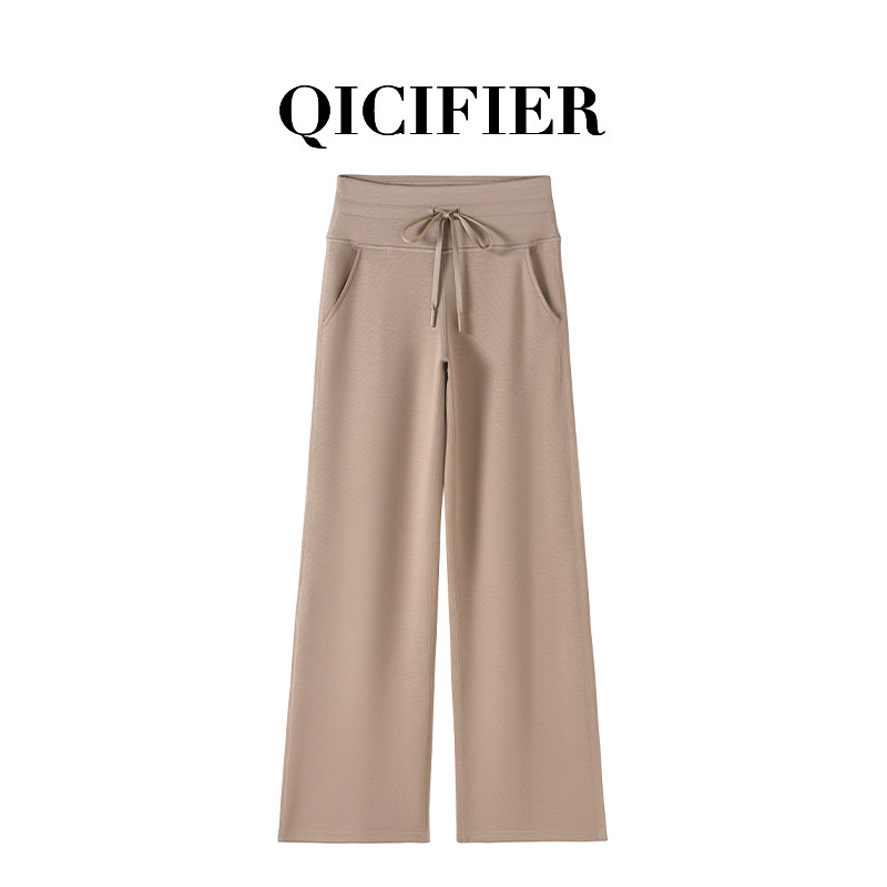 Qcfe High-Waisted Elastic Yoga Pants for Women with Flap Pocket Pantss, Non-Stuck Sports Casual Wide-Leg Straight Pants 25052