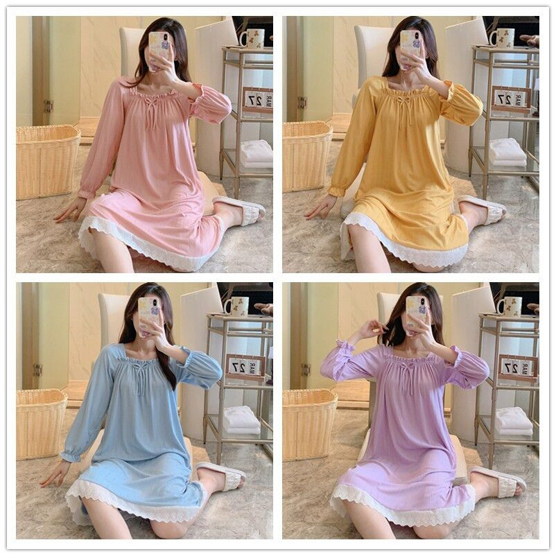 Primavera y otoño nuevo camisón de manga larga al aire libre pit leche seda color sólido cuello cuadrado encaje princesa vestido de una sola pieza vestido largo