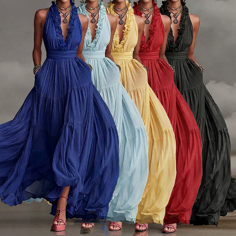 2026 Summer Deep V-Neck Halter Backless Long Dress with Bohemian Style Pleated Ruffles for Vacation and Beach Wear 2026 Summer Deep V-Neck Halter Backless Long Dress with Bohemian Style Pleated Ruffles for Vacation and Beach Wear