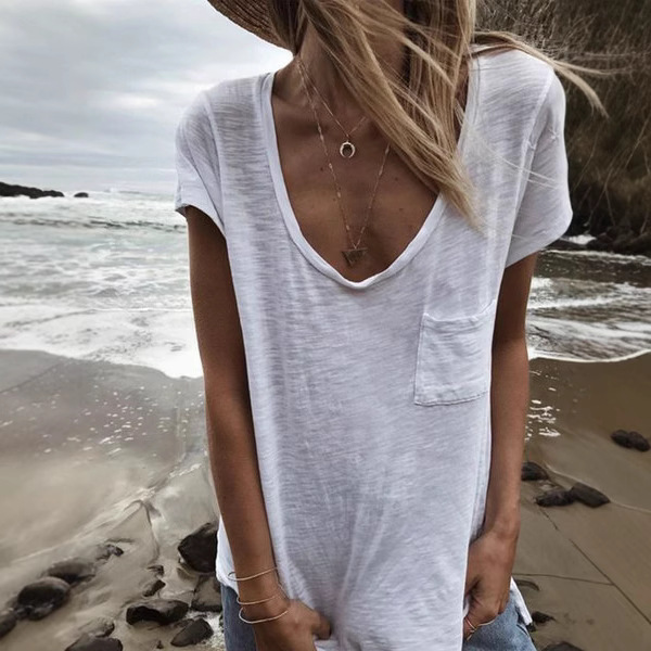 2019欧美外贸爆款女装上衣ebay速卖通爆款 大领口袋短袖针织衫