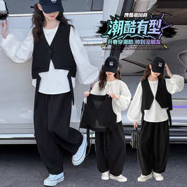 女童春季休闲套装2026新款中大童洋气时髦西服马甲衬衫裤子三件套