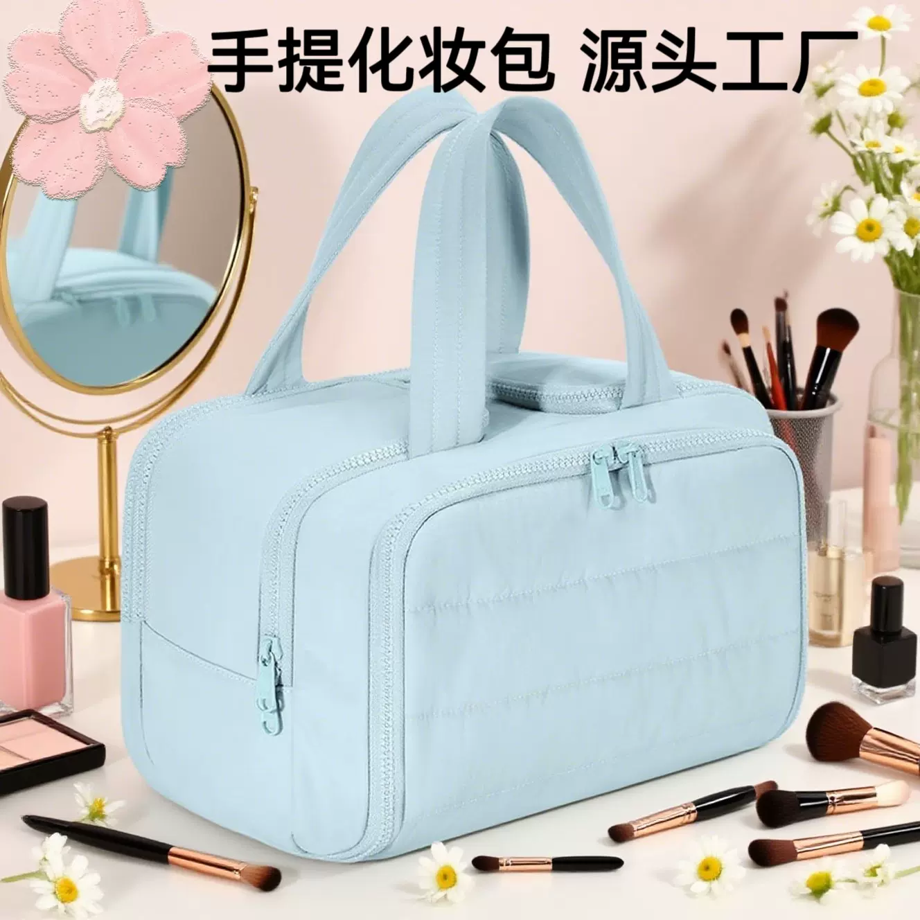 跨境大容量化妆包便捷式手提洗漱包蓬松大号宽开口化妆洗漱包批发