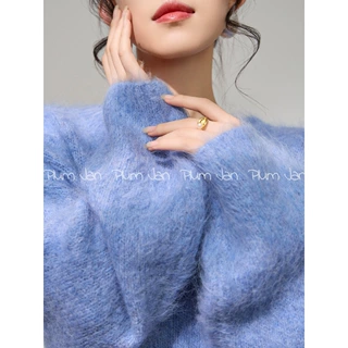 Plum Jan/2026年春季新款长袖V领法式蓝色宽松慵懒洋气百搭毛衣女