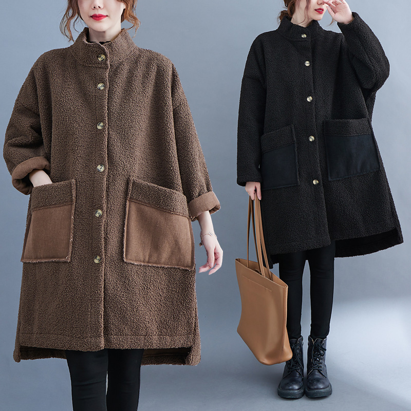 2025 Autumn and Winter Stand Collar Single-Breasted Color-Block Patch Pocket Teddy Fleece Irregular Mid-Length Coat for Women Plus Size Thickened