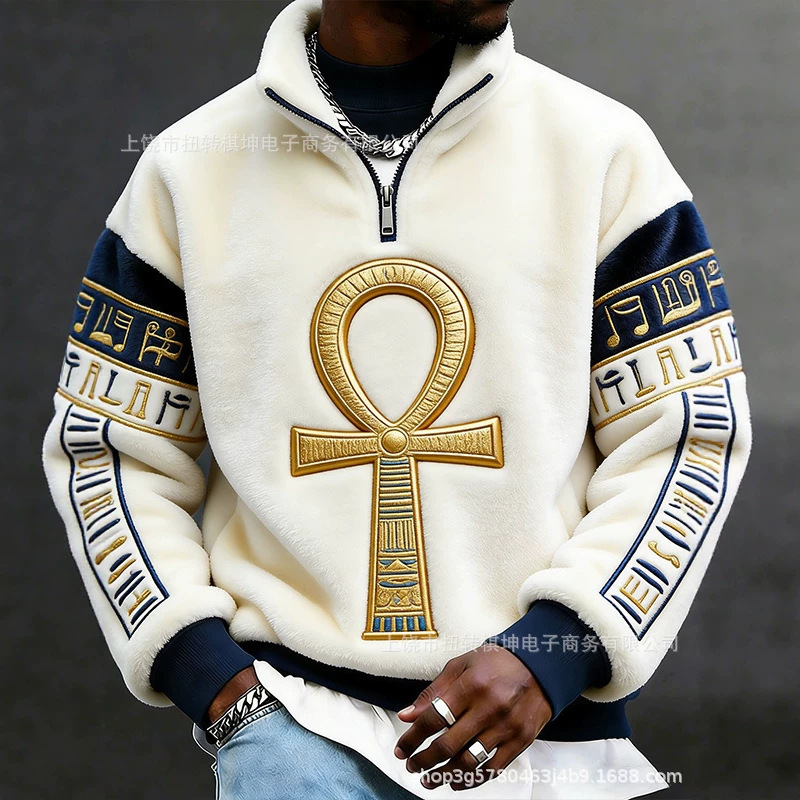 Cross-Border Amazon Men's Long-Sleeved Half-Zip Printed Casual Fashion European and American Trendy Polo
