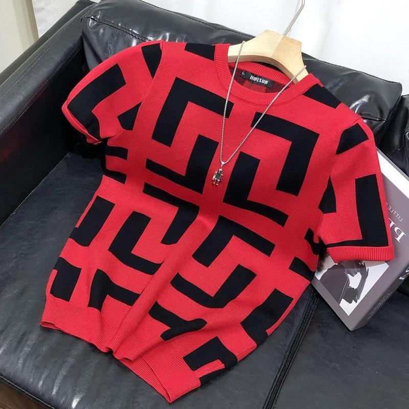 Spring And Autumn Hot-selling New Geometric Pattern Short-sleeved Men's Slim-fitting Casual Knitted Top T-shirt_viptrois.com