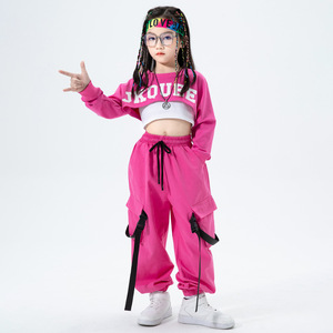 Girls pink hiphop street rapper jazz dance costumes kids fashion runway studio photography suits children model show school performance clothing