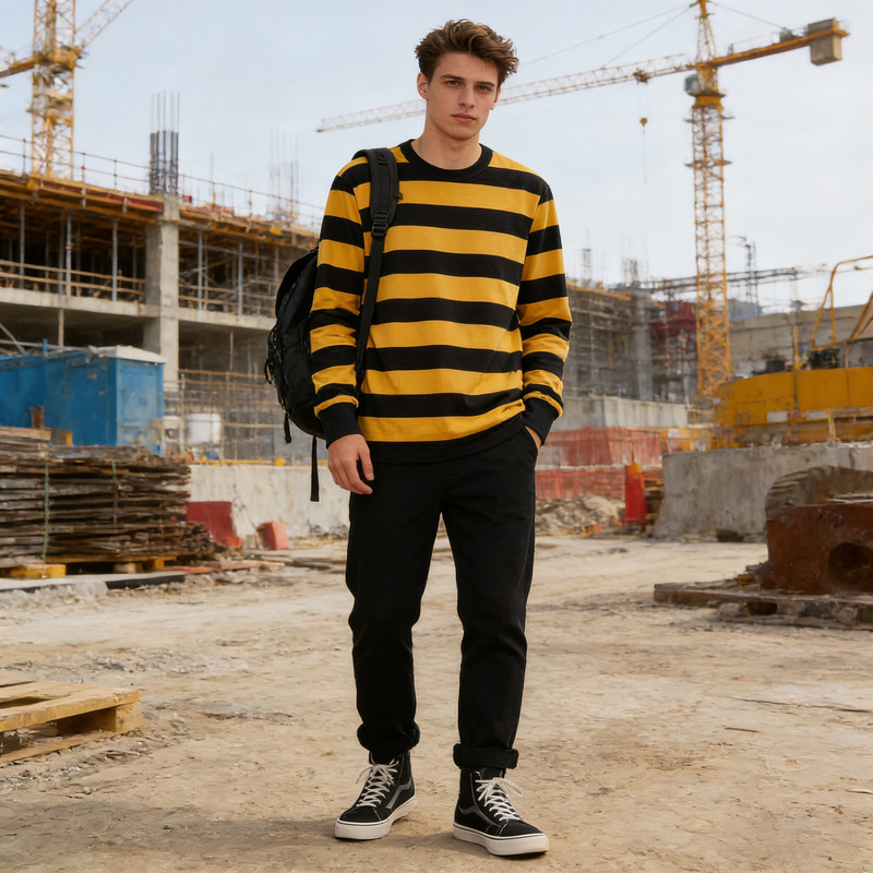 OKONKWO American Retro Ami Kaji T-shirt Heavy Prisoner Locomotive Men's Thick Striped Long Sleeve T-shirt