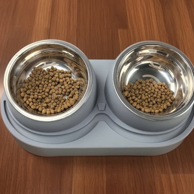 테무 인기상품 고양이와 강아지 사료그릇 스테인리스 그릇 2-in-1 넘어짐 방지 목 보호 고양이 그릇 애완용품 고양이와 강아지 용품