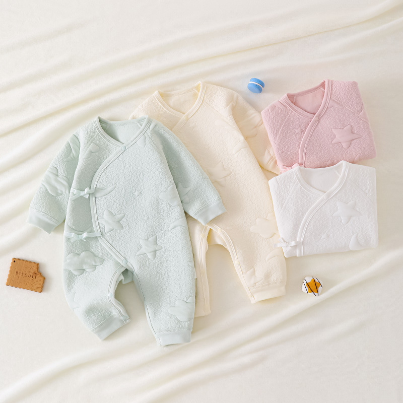 Newborn Baby Silk Jumpsuit Autumn and Winter Quilted Cotton Baby Girl Infant Three-Layer Warm Boneless Romper