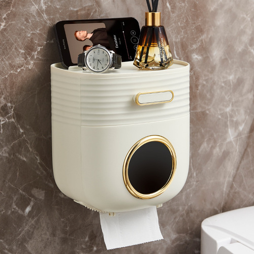 Light Luxury Style Tissue Holder for Bathroom, Punch-Free Wall-Mounted Paper Towel Dispenser, Home Use Plastic Tissue Box with Storage Rack for Bathrooms
