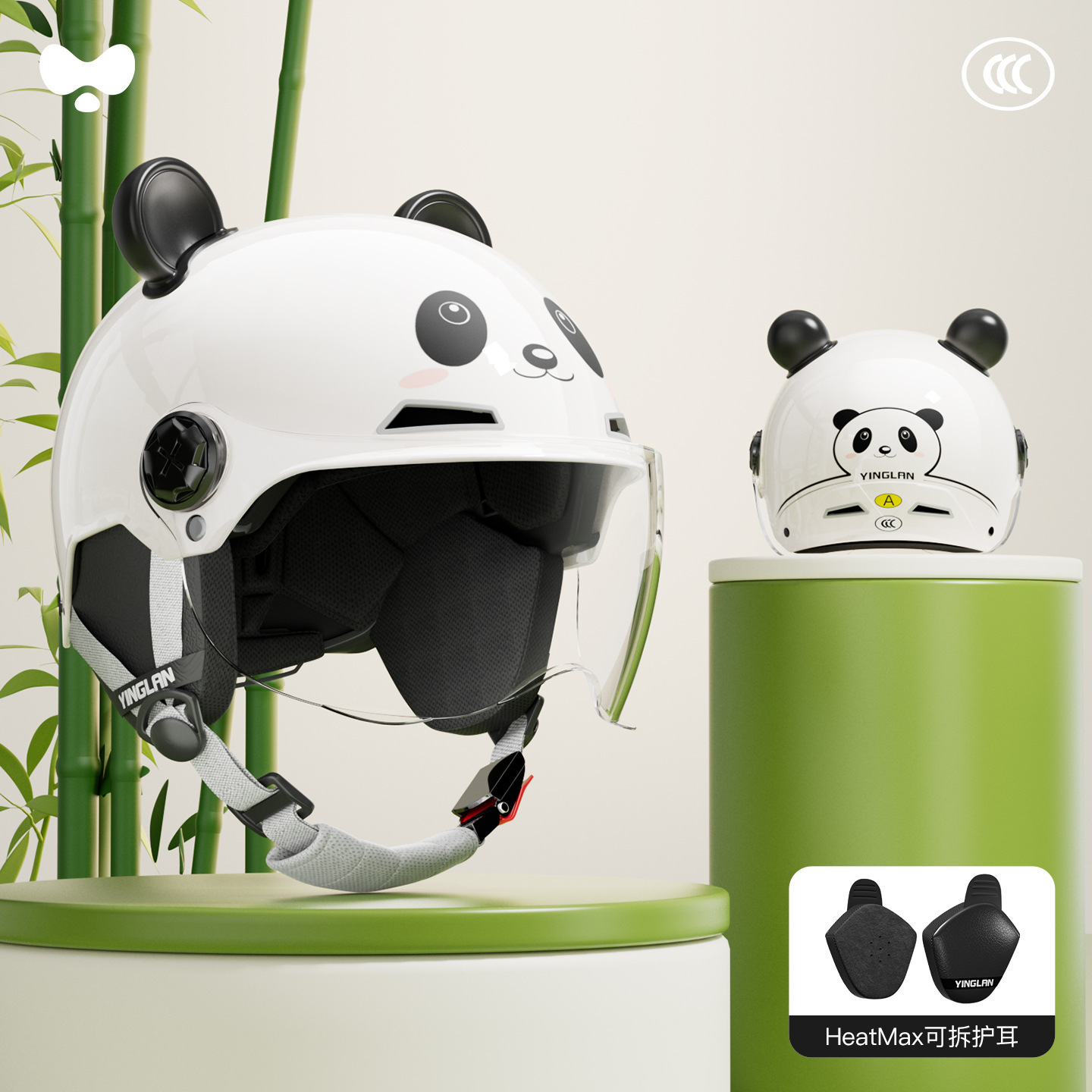 Lightweight Children's Helmet, Motuoche Motosiklet kaskı (dəbilqə) - 3c-panda-white-hd-short-visor-heatmax-detachable-earmuffs-one-size