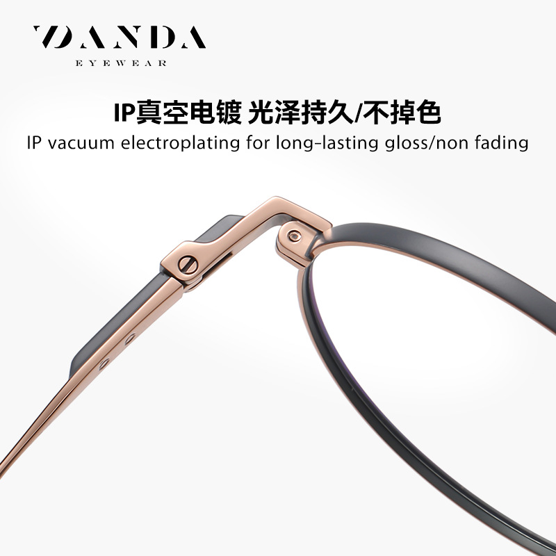 El nuevo marco de gafas de titanio puro F31102 de moda para hombres y mujeres con el mismo estilo puede equiparse con gafas de miopía, espejo plano redondo galvanizado IP