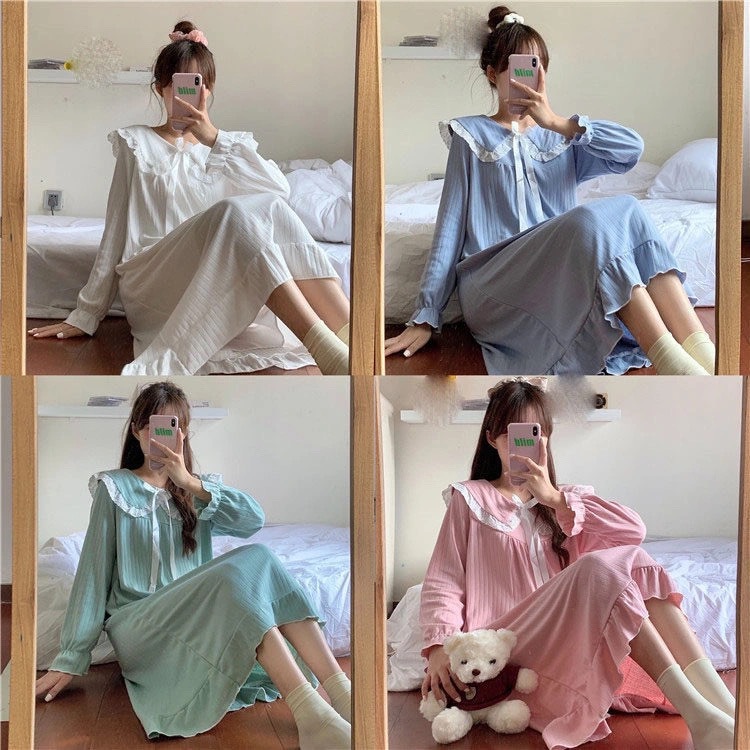 Nuevos pijamas camisón de manga larga para mujer collar de muñeca sobre la rodilla ins Primavera y otoño Corte de hadas estilo princesa ropa para el hogar