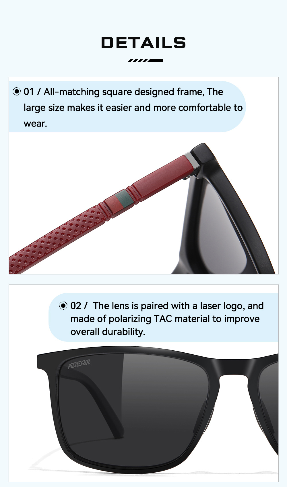 KDEAM New Large Size Square Polarized Sunglasses Outdoor UV Protection Fishing Driving Glasses KD705-PLUS