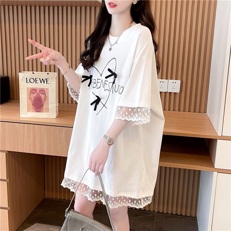 Lace Splicing Short-Sleeved Dress Women's Summer Large Size Loose Design Niche Bow Pure Cotton T-Shirt Skirt