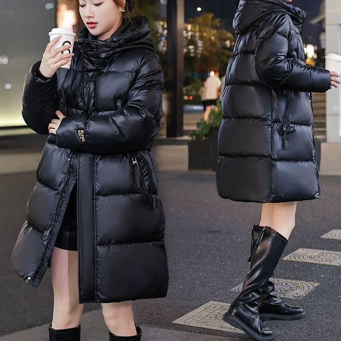Glossy long keep warm down jacket with down, mid-length, for beloved, increased thickness