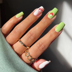 Natural green square false nails, Western-style, wearable nail art, wholesale available, stylish nail stickers