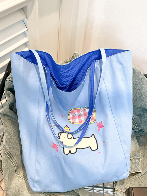 かわいい刺繍入り子犬ショルダーバッグ、爽やかなコントラストカラーのドーパミン両面大容量キャンバスバッグ、クラス通勤バッグ|undefined
