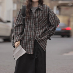 咖色格子长袖防晒衬衫女秋季设计感衬衣外套慵懒风宽松中长款上衣